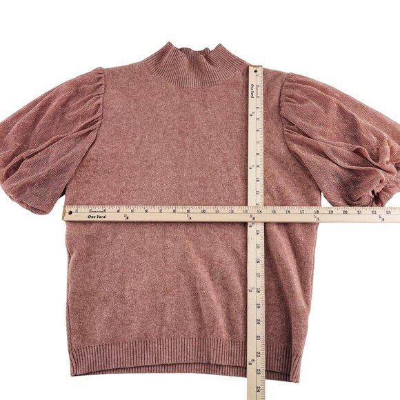 Womens Ontwerfh Puff Sleeve Mock Neck Sweater Top M Pink Polyester Viscose Ribbe - Picture 3 of 5